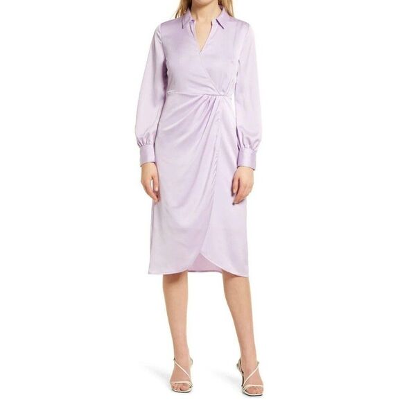 Halogen Twist Front Long Sleeve Shirtdress, Purple Bloom, XL - Picture 1 of 9